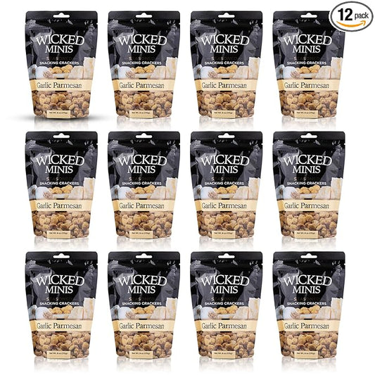 Wicked Minis Soup & Oyster Crackers - Saltine Crackers Salted Flavored Mini Puffed Soup Cracker, Savory Snacking Mix, Seasoned Crouton Salad Topper, Cracker for Chili 6oz (Garlic Parmesan, Pack of 12)