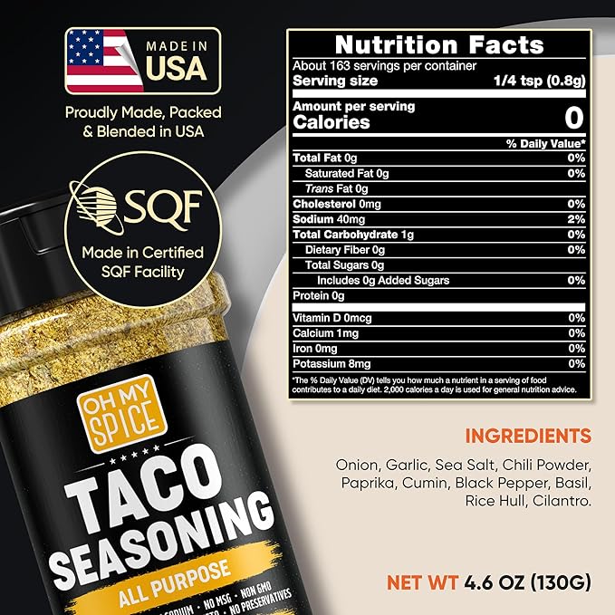 Taco Seasoning Mix All Purpose Blend - Gluten Free & Low Sodium Mexican Seasoning for Taco Tuesday Night. Everything Seasonings for Fajita & Burrito. Meat, Chicken & Fish Tacos Spices Toppings. 4.6oz