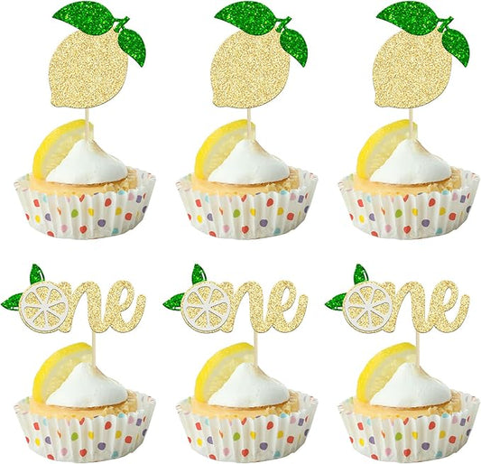 24Pcs Lemon One Cupcake Toppers Glitter Fruit Lemonade First Birthday Cupcake Picks for Lemon Theme Baby Shower 1st Birthday Party Cake Decorations Supplies