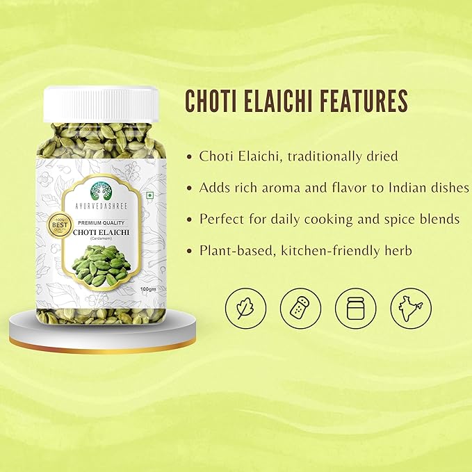 AYURVEDASHREE Green Cardamom Whole Pods, Hari Elaichi (Elettaria cardamomum) - 100g| Jumbo Size | Premium Quality | Vegan, Non-GMO & Gluten Free | All Natural |Product of India