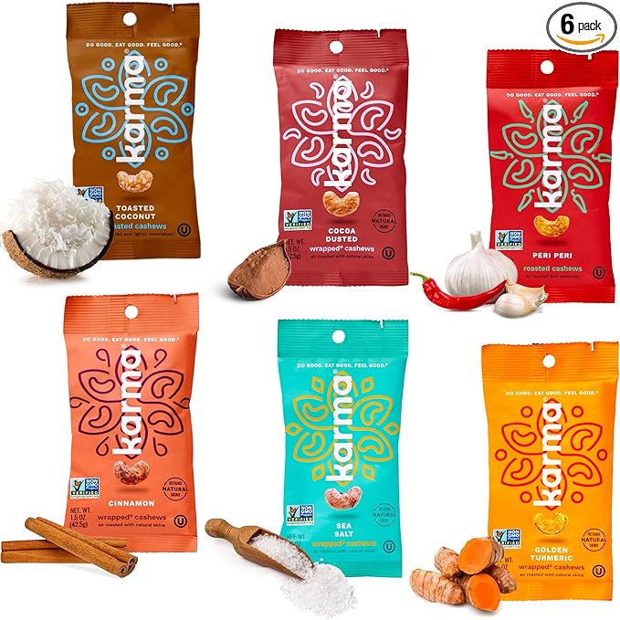 Karma Nuts Flavored Cashews Variety Pack (1.5 oz, Pack of 6) ??Whole Roasted Cashews, Healthy Snacks for Adults - Gluten Free Vegan Snacks, Vegan, Non GMO - Flavored Nuts Low Carb