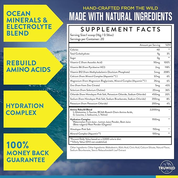 TruWild Natural Hydration Powder with Zero Sugar, Vegan Electrolytes + Amino Acids, Recovery Drink for Everyday Use, Post Workout Muscle Support Supplement with Magnesium (Watermelon Lemonade)
