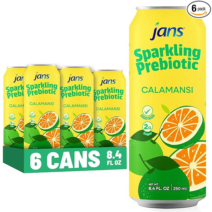 Jans Sparkling Prebiotic Soda Beverage ??Calamansi 8.4 Fl Oz (6-Pack) ??Low Calorie, NO Added Sugar, Non-GMO Sparkling Fruit Beverage, Gut Health Support