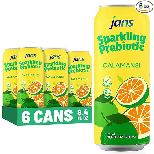 Jans Sparkling Prebiotic Soda Beverage ??Calamansi 8.4 Fl Oz (6-Pack) ??Low Calorie, NO Added