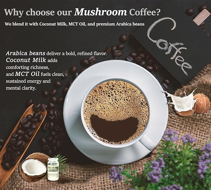 DLNIA Organic Mushroom Coffee with 12 Adaptogenic Mushrooms, Arabica Beans, Coconut Milk & MCT Oil | Cordyceps, Lion?™s Mane & Turkey Tail Instant Coffee for Better Energy, Focus, Digestion, Immunity
