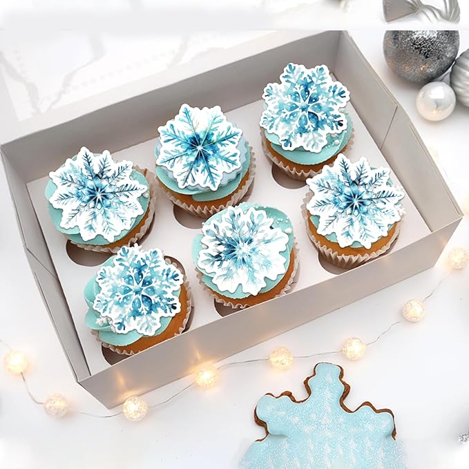 60 PCS Edible Snowflake Cupcake Toppers Snowflakes Cupcake Picks Edible Frozen Birthday Decorations for Winter Wonderland Baby Shower Birthday Christmas Party Cake Decorations Supplies White Blue