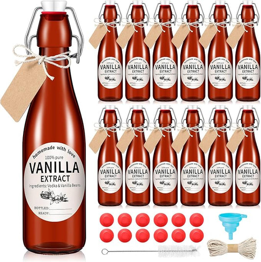 Vesici 12 Sets Swing Top Glass Bottles Set Amber Homemade Vanilla Extract Bottles with Stoppers Stickers Caps Jar Brush Funnel Rope Labels Vanilla Extract Jars for Holiday DIY Crafts (12 oz)