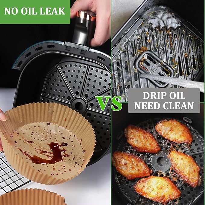 200PCS Air Fryer Liners Disposable: Round 7.9 Inch Non-Stick Airfryer Paper Liners - Food Grade Parchment Paper for 5 6 7 8 QT Air Fryer Baking and Roasting - Waterproof and OilProof (10 Inch on Top)