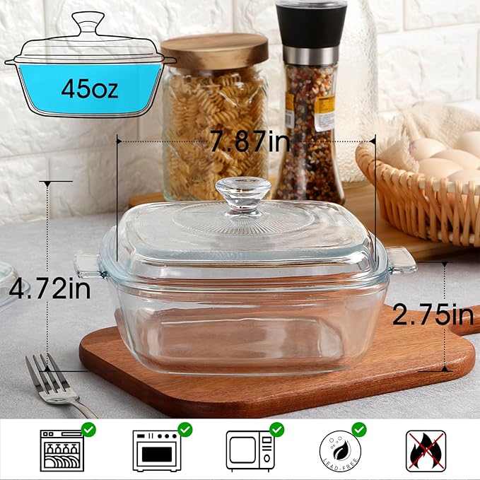 NUTRIUPS Small Square Casserole Dish with Lid Oven Safe Covered Glass Casserole Dish 7.8 Inches Glass Microwave Bowls With Lids Microwavable Cookware (Small-1.5L)
