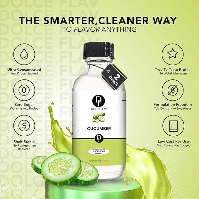 Dolce Flav Natural Cucumber Extract, Water Soluble ??2 oz | Authentic Cucumber Flavoring for Beverages, Cocktails, Syrups, and Culinary Creations ??Sugar Free, Kosher, Allergen Free