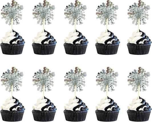 10PCS Sliver Foil Firework Cupcake Toppers, Takemay Happy Birthday Cake Toppers, Sparkle Tinsel Flower Drink Stirrers Cocktail Food Fruit Toothpicks for Party Birthday Wedding Ceremony