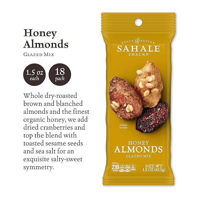 Sahale Snacks Honey Almonds Glazed Mix, 1.5 oz Grab & Go Bags (18 Packs) - Dry-Roasted Deluxe Mixed Nuts with Tart Cranberries & Madagascar Vanilla - Non-GMO, Kosher, & Certified Gluten-Free Snacks