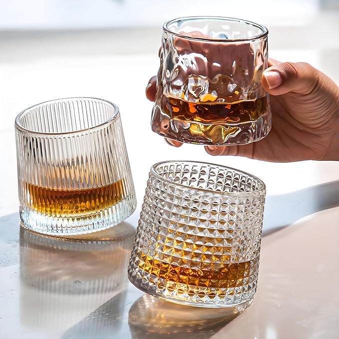Crystal Whiskey Glasses 5 OZ Set of 3, Rotatable Old Fashioned Glasses, Tumbler Rocks Bar Glass for Drinking Bourbon, Scotch, Cocktails, Cognac竊뉽arger Sizeç«?,<div>