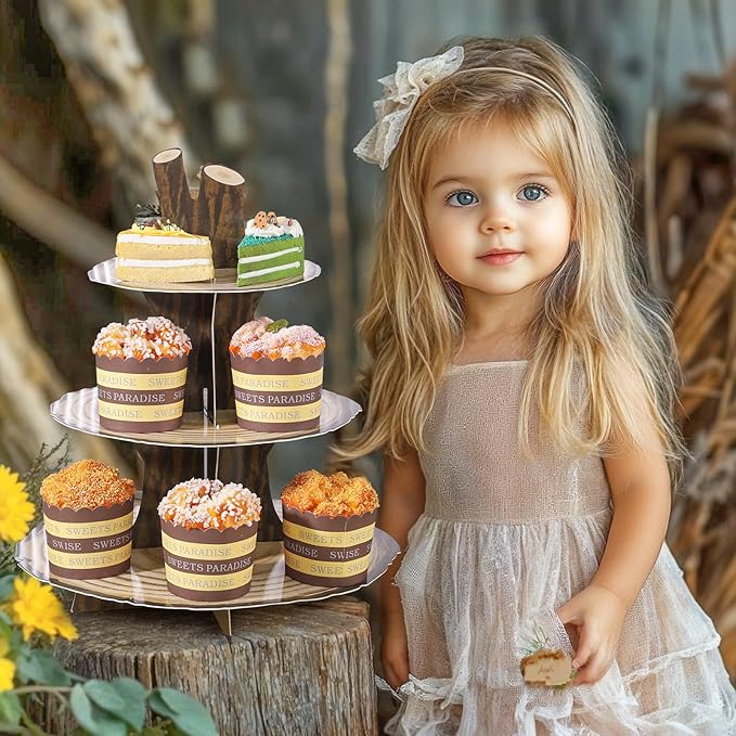 2 Pack Woodland Cupcake Stand Woodland Baby Shower Decorations 3 Tier Wood Cupcake Stand Western Party Decor for Boy Girl Camping Safari Baby Shower Birthday Forest Party Supplies