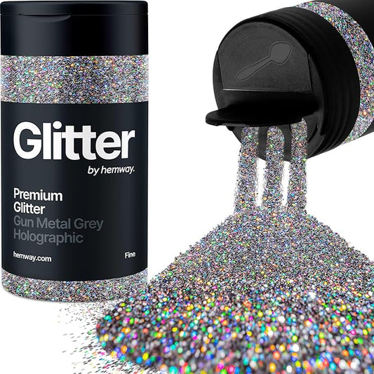 Hemway Premium Glitter Shaker - Gun Metal Grey Holographic | 130g Fine Metallic Flake Sequins for Resin & Epoxy Crafts | Craft Supplies for Tumblers, Festival, Art