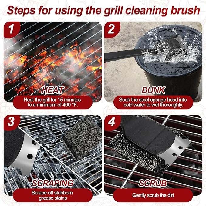 Upgraded Grill Brush for Outdoor Grill, Efficient Cleaning, Steel Fiber Bristle Free Grill Brush for Cast Iron/Porcelain/Charcoal/Stainless Steel Grates, Gift for Men/Dad