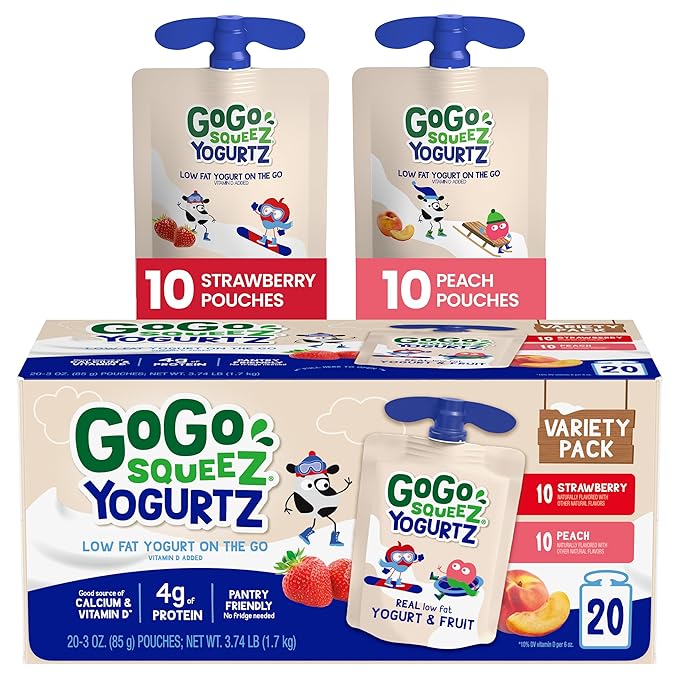 GoGo squeeZ YogurtZ Variety Pack, Strawberry & Peach, 3 oz (Pack of 20), Kids Snacks Made with Real Yogurt and Fruit, No Fridge Needed, Gluten Free, Nut Free, Recloseable Cap, BPA Free Pouches