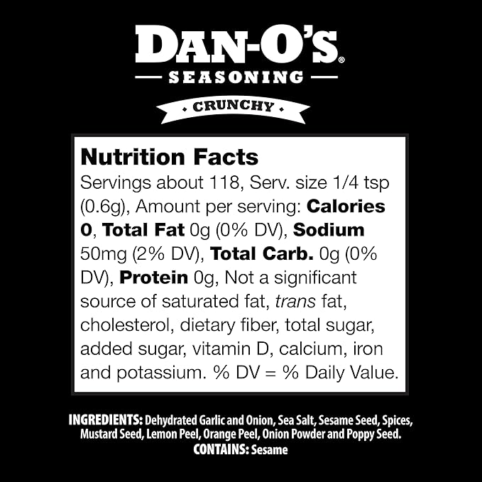 Dan-O's Crunchy Seasoning, 2.5 oz Bottle, Everything Seasoning for Fish, Eggs, Salads, Veggies and More, Sugar Free, Zero Calorie, Use this Spice Blend for Everything from Breakfast to Dinner