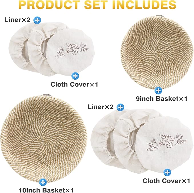 Banneton Bread Proofing Basket Set of 2, 9 Inch & 10 Inch Round Cotton Rope Sourdough Bread Baking Supplies Proofing Bowls with Liners & Covers Gifts for Bakers Women Wife Mom