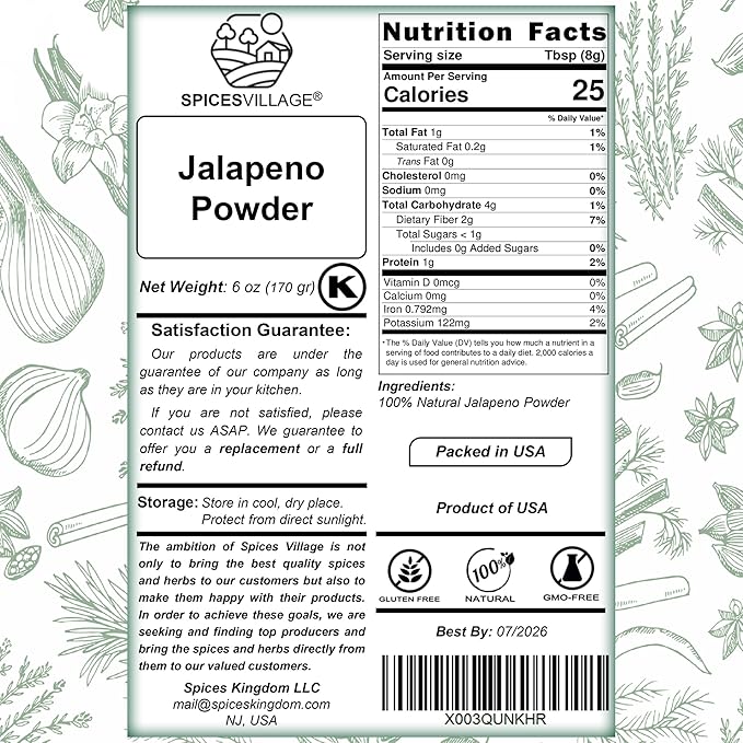 SPICES VILLAGE Jalapeno Powder [6 oz] - Ground Jalepeno Pepper, Natural Spicy and Flavorful Jalapeno Seasoning, Great For Chili, Salsa, Spice Blends, Stews, Tacos, Guacamole - Kosher, Gluten Free, Non GMO, Resealable Bulk Bag