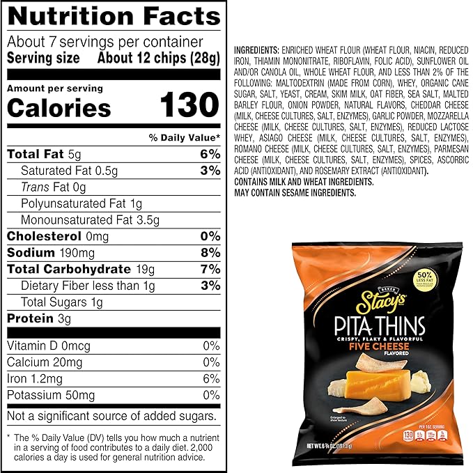 Stacy's Pita Thins, Five Cheese, 6.75 oz Bag