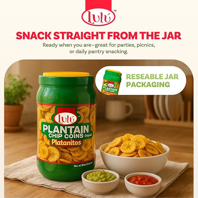 LULU Plantain Chip Coins ??Original Flavor, 20 oz Jar ??Crunchy Plantain Slices ??No Artificial Colors or Preservatives ??Ready-to-Eat Snack, Platanitos Chips in a Container