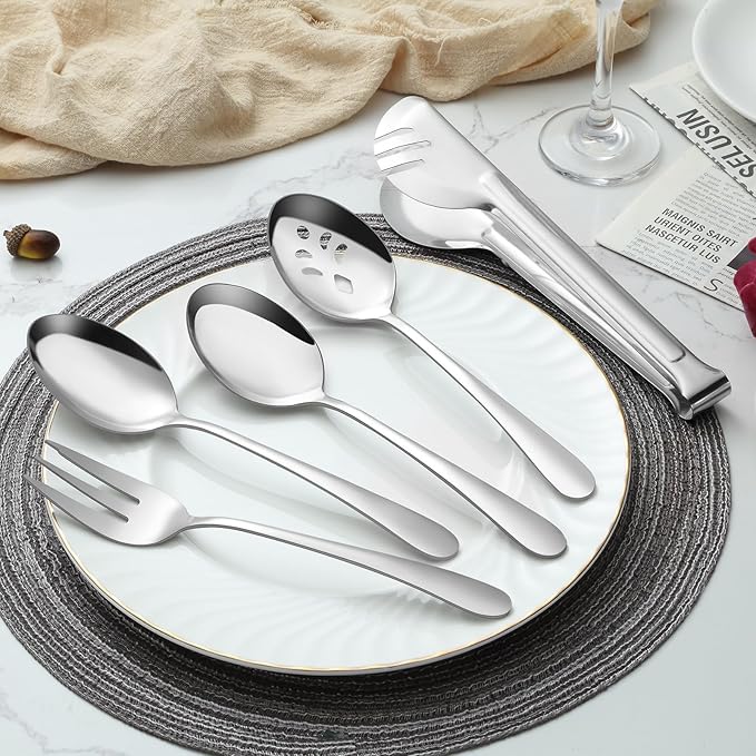 BEWOS Serving Utensils, 16-Piece Large Serving Set, 9.1??Serving Spoons, 9.1??Slotted Spoons, 9.1??Serving Forks, 9.5??Serving Tongs, Stainless Steel Serving Utensils Set for Parties, Dishwasher Safe