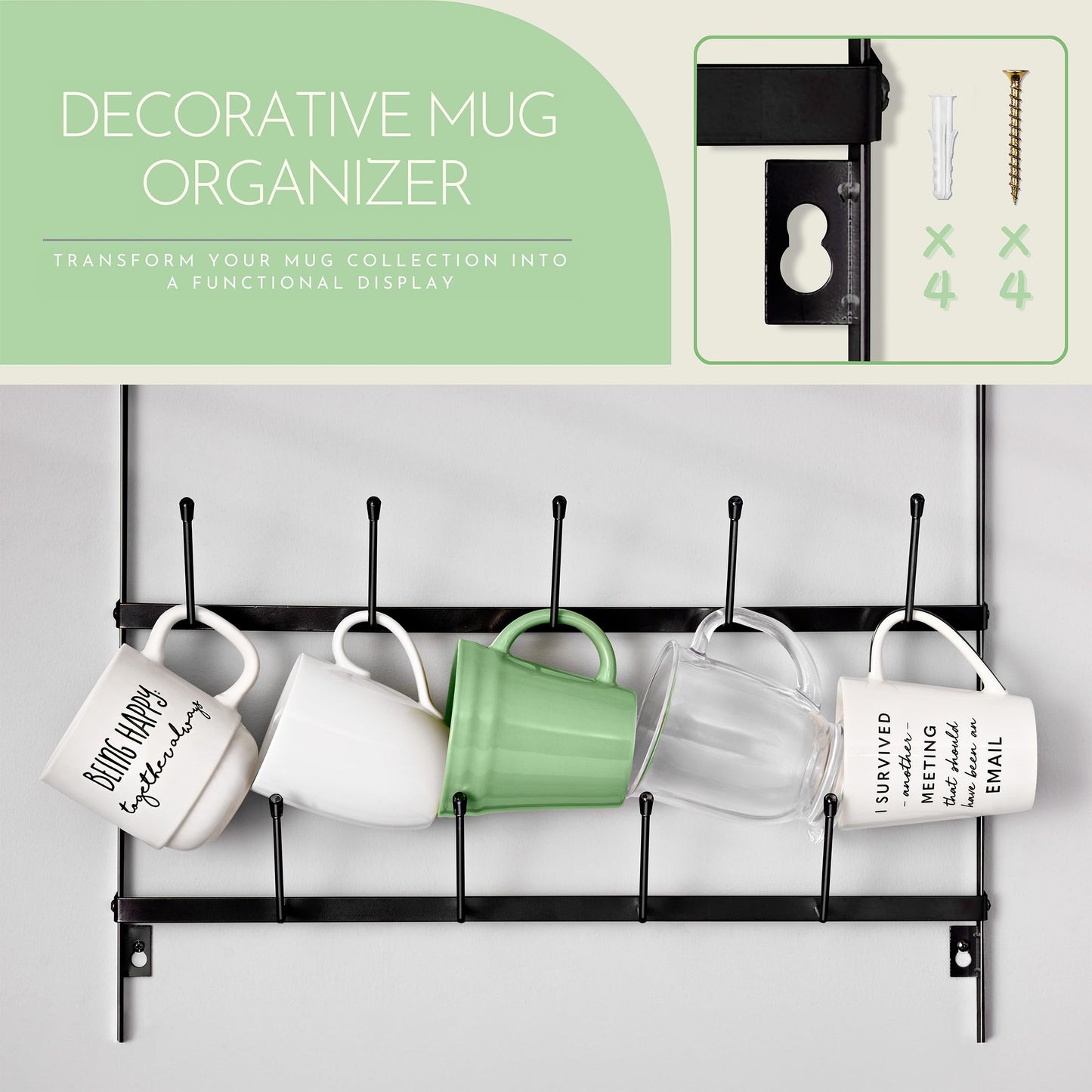 Sorbus Mug Rack for Wall - Large Rustic Coffee Mug Holder Wall Mount with 27 Hooks, Coffee Cup