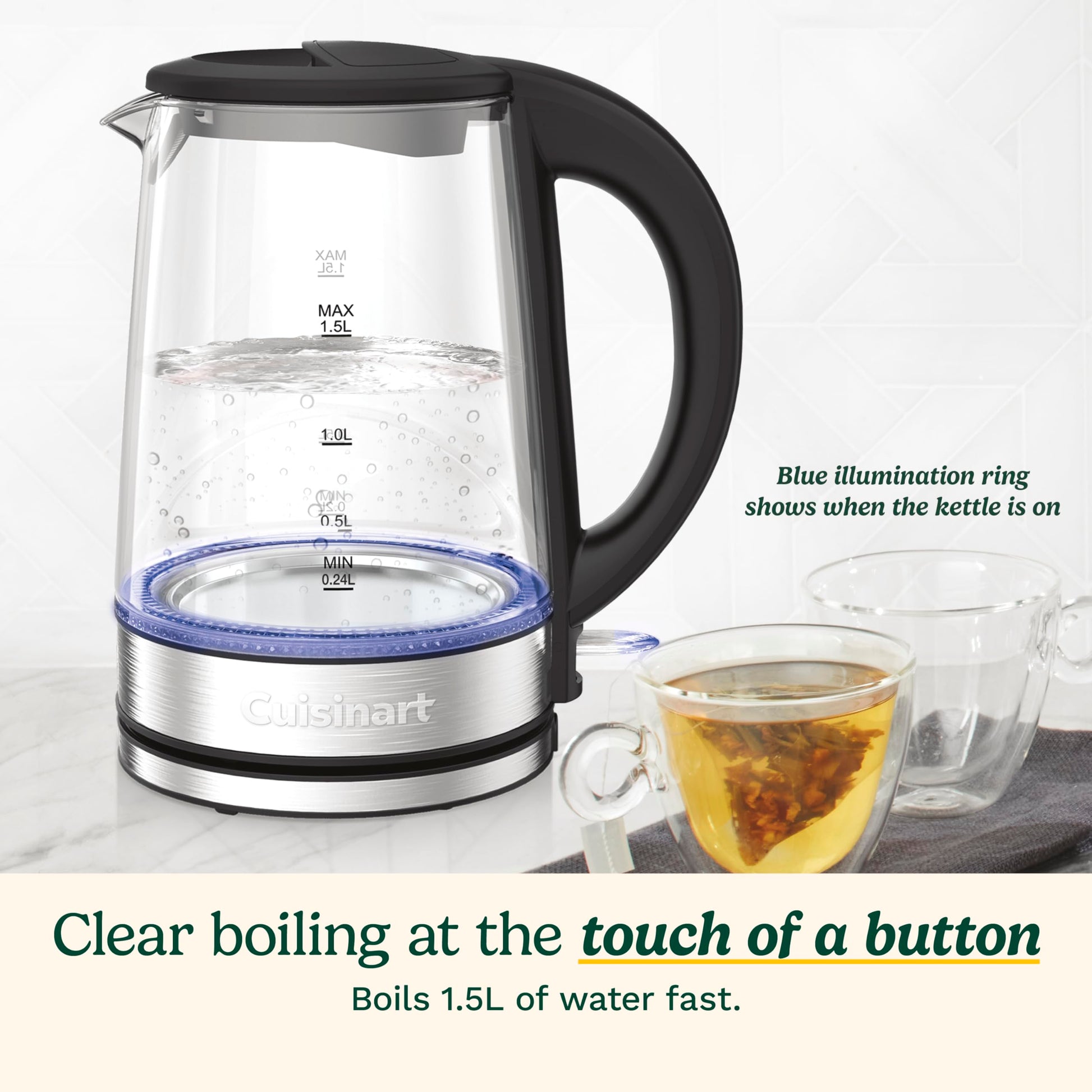 Cuisinart 1.5L Glass Kettle, Illumination, BPA-Free, Easy-Pour Nondrip Spout, Hinged Lid Opening