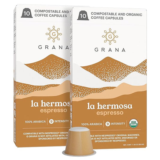 G GRANA Coffee Pods, Compatible with Nespresso OriginalLine, 20 Pack, Dark Roast, USDA Organic 100% Arabica Single Source Specialty-Coffee, Compostable Single Serve Capsules, La Hermosa