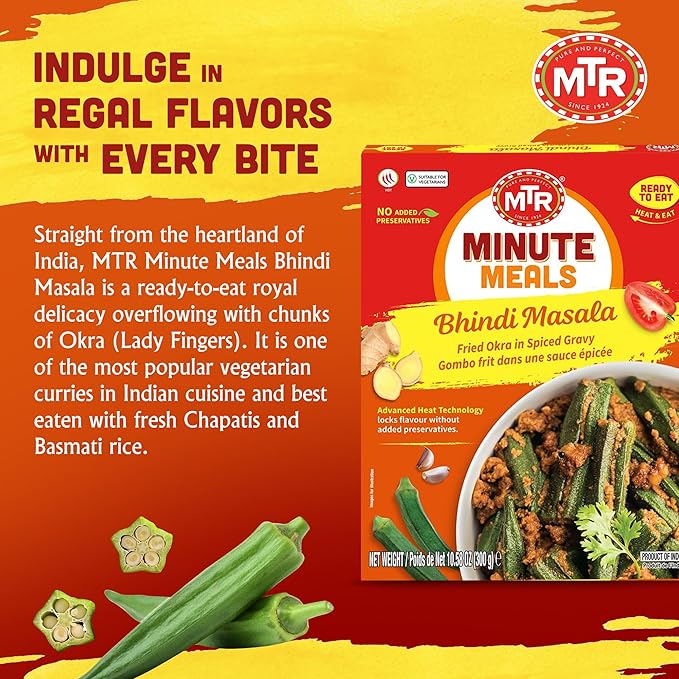 MTR - Bhindi Masala - Fried Okra in Spiced Gravy - Authentic Indian Ready To Eat Meal - Plant-Based, Delicious Microwave Food - Perfect for Quick and Nutritious Indian Cuisine Lovers - (Pack of 6)