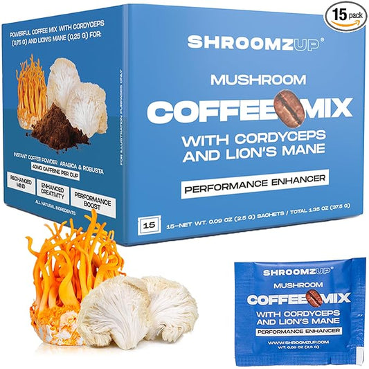 ShroomzUp Instant Mushroom Coffee 15 Pack - Cordyceps & Lion's Mane - Nootropic Mushroom Coffee for Energy, Focus & Concentration - Arabica and Robusta Instant Shrooms
