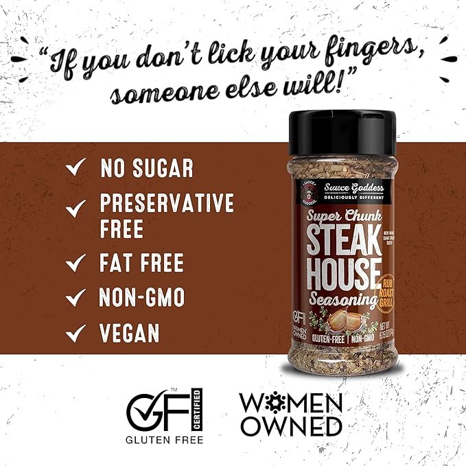 Sauce Goddess - Super Chunk Steakhouse Spice Shaker - Steak Seasoning, BBQ Rub for Chops, Chicken & Veggies, Gluten-Free, Vegan, No Sugar - 6.15 oz
