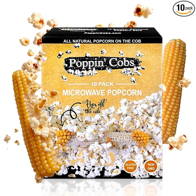 Poppin Cobs Microwave Popcorn on the Cob (10 PK) (Original) Whole Popcorn Kernels, Individually Wrapped Healthy Pop Corn on the Cob with Bags, Gluten Free Fun Snack Perfect for Movie Nights
