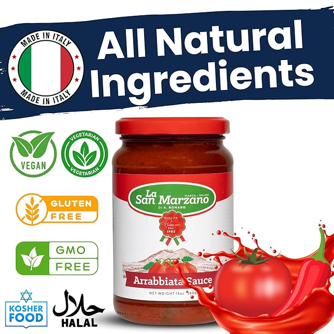 La San Marzano Arrabiata Sauce, 13 oz, Pasta Sauce Made in Italy, All Purpose Tomato Premium Quality, All Natural, Mediterranean Diet, Non GMO, Vegan, Gluten Free