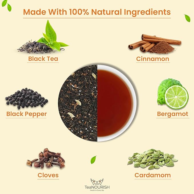 TeaNOURISH Earl Grey Masala Black Tea | Spiced Citrus | Assam Loose Leaves | Blended with Indian Aromatic Spices & Natural Bergamot Extract | 100% NATURAL - 3.53oz/100g