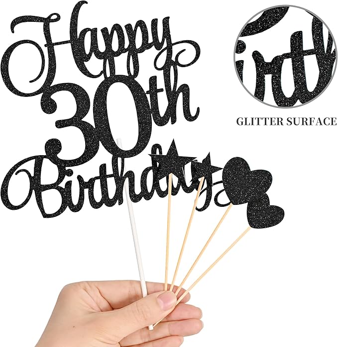 30th Birthday Cake Toppers, 30th Birthday Candles Numeral Candles and Glitter Cake Decorations Toppers Set for Party Supplies (Black)