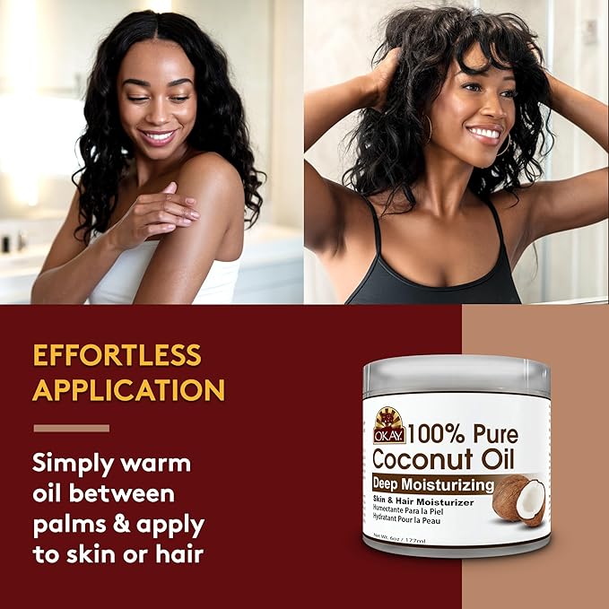 Okay 100% Pure Coconut Oil for Hair & Skin - Coconut Oil for Women & Men, Perfect for Body & Face, Natural Massage Oil & Moisturizer - 6 Fl Oz Jar (Pack of 2)