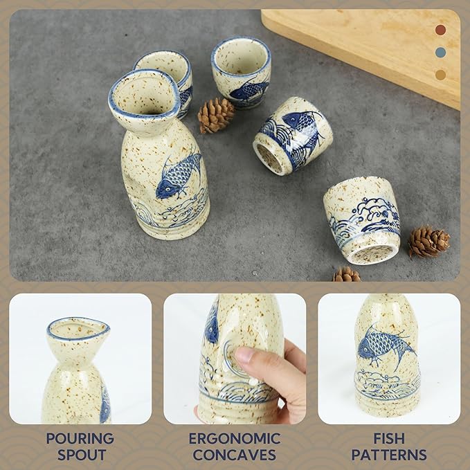 Ceramic Sake Set, 5pcs Japanese Saki Set with 1 Sake Carafe 4 Sake Cups, Saki Cup Set as Gift for Sake Japanese Wine/Hanzo Sake/Soju/Sake Drink/Saki Drink/Tea