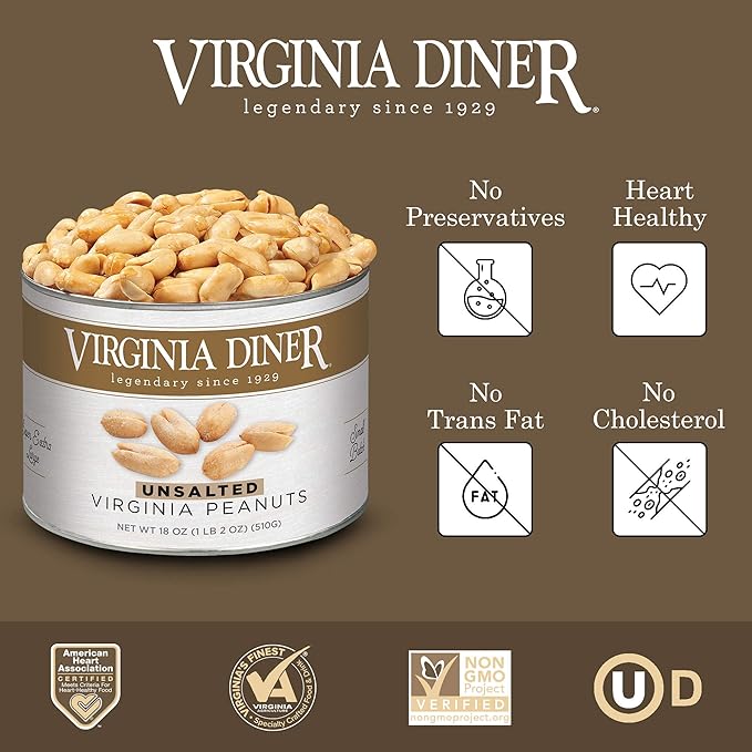 Virginia Diner Unsalted Virginia Peanuts - XL Gourmet Natural Peanuts Non-GMO, Preservative Free Gifts from Virginia Since 1929-18 Oz Can