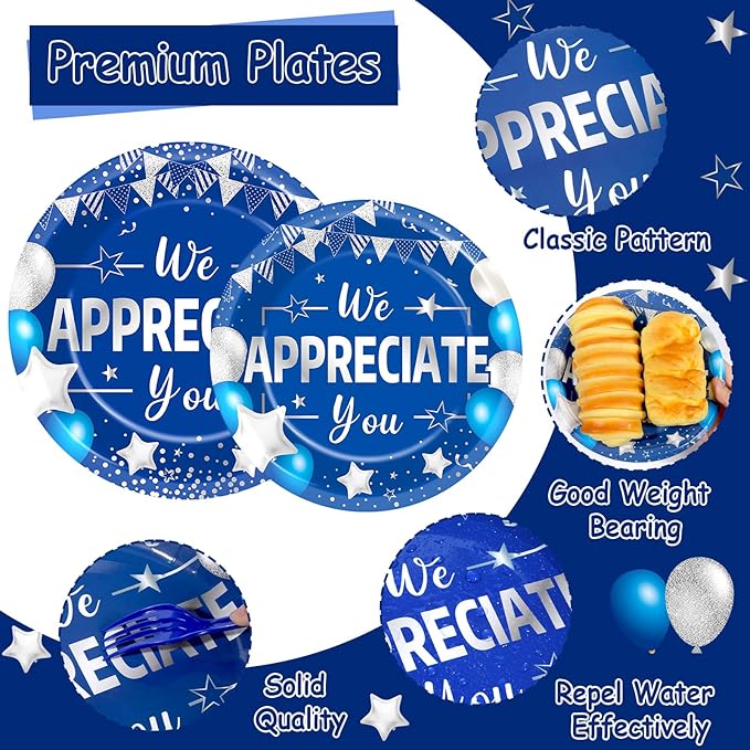 96pcs Blue Silver We Appreciate You Plates and Napkins set for Thankful Party Decorations Thank You Dinnerware Tableware Set for 24 Guests Employee Teacher Doctor Graduate Appreciation Party Supplies