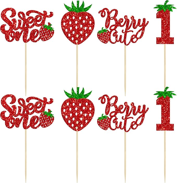 24Pcs Sweet One Cupcake Toppers Glitter First Birthday Strawberry Cupcake Picks for Fruit Baby Shower 1st Birthday Berry Sweet Cupcake Decorations Party Supplies Red