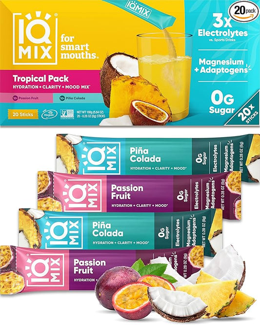 IQMIX Hydration Electrolyte Powder ??4-in-1 Formula for Hydration, Mental Clarity, Mood and Recovery ??Sugar-Free Drink Mix, Keto, Magnesium L-Threonate, Lion?™s Mane ??20 Count Tropical Variety Pack
