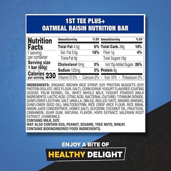 1st Tee PLUS+ Oatmeal Raisin bars made with Natural Ingredients Breakfast Bars | Best Oatmeal Bars, Golf Nutrition Bar Easily Digestible Balanced Nutrition Bars 12-60 grams bars