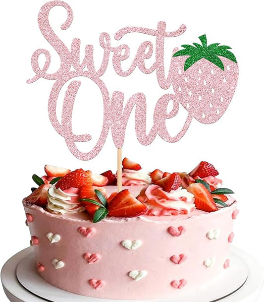 1 Pack Sweet One Cupcake Topper Glitter First Birthday Strawberry Cake Pick for Fruit Baby Shower 1st Birthday Berry Sweet Cake Decorations For Birthday Party Supplies Pink