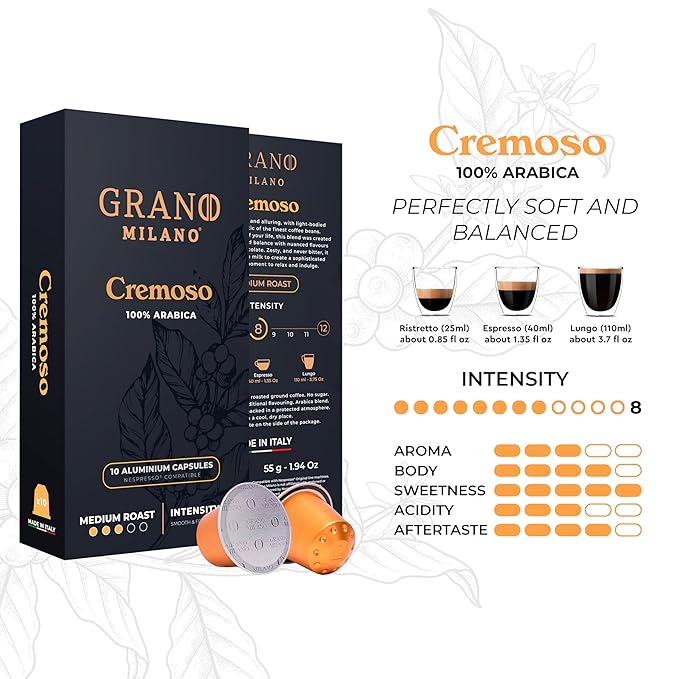 Grano Milano Cremoso Coffee Capsules - 100 Aluminum Coffee Pods Compatible with Nespresso Original line,100% Arabica Medium Roast - Intensity 8/12, Made in Italy