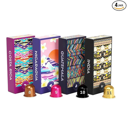 Atlas Coffee Club Espresso Pods Compatible with Nespresso Original– Dark Roast Variety Pack (40 Count)– Aluminum Capsules from Costa Rica, Nicaragua, Guatemala & India– Intensity 8-11