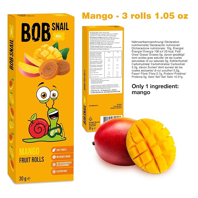 BOB SNAIL Healthy Organic Fruit Snacks for Kids and Adults ??30 Organic Fruit Leather Snacks with Pear & Apple, Blueberry, Mango ??Vegan Low-Carb Variety Pack Strips for Kids ??Sugar Free Jerky Bars