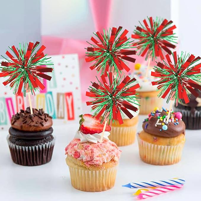 Rsstarxi 30 Pack Firework Cupcake Toppers Birthday Cake Decorations Tinsel Flower Drink Stirrers Cocktail Food Fruit Toothpicks for Valentine's Day Birthday Wedding Party Green