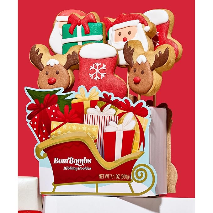 BomBombs, Christmas Cookie Bouquet, Individually Wrapped Sugar Cookies on Sticks & Sleigh Shaped Display Tray, Perfect for Holiday Parties, Set of 8